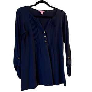 Lilly Pulitzer Navy Blue Knit Top w/ Pleats & Gold Buttons